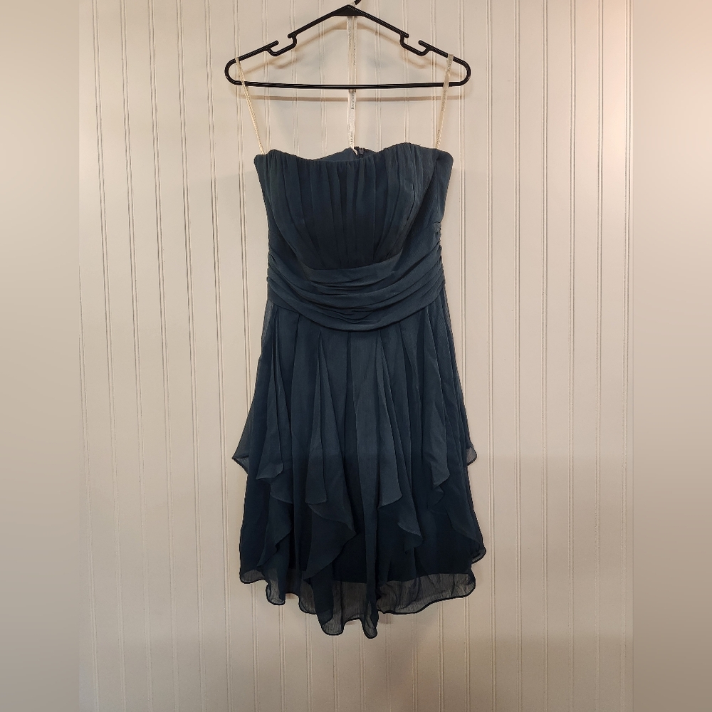 David's Bridal Teal Ruffle Chiffon Strapless Dress Size 12 Bridesmaids Prom